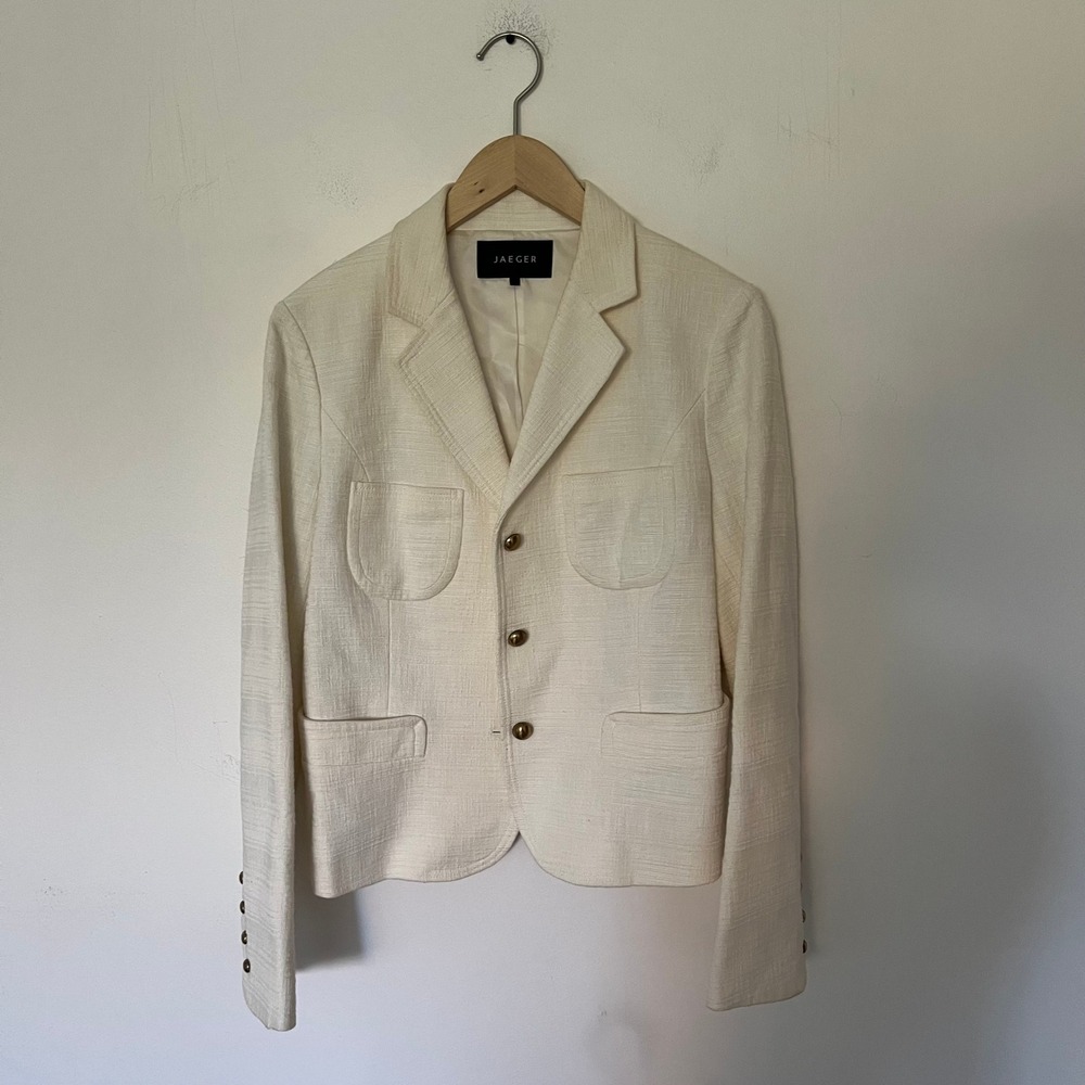 Jaeger Cream Textured Tailored Blazer Jacket Brass Buttons Notched Lapel